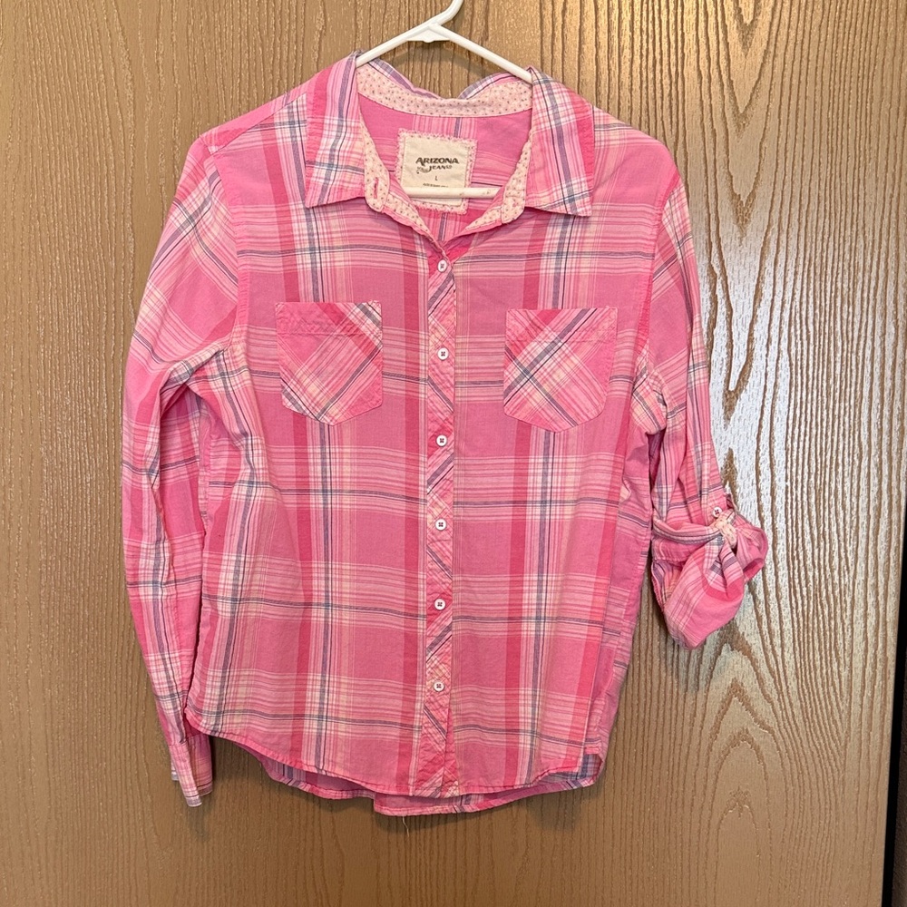 Arizona Jean Pink Plaid Button Down Shirt
